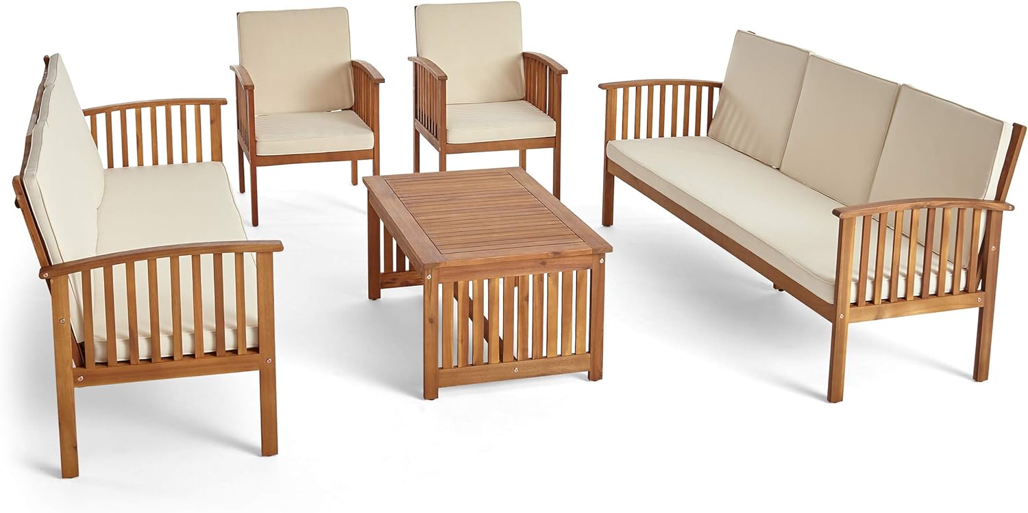 GDFStudio Outdoor 5 Piece Acacia Wood Sofa Conversational Set, Teak and Cream