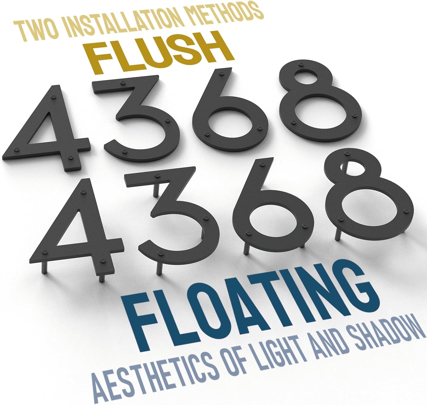 Metal House Numbers, Stainless Steel for Outside, Mailbox Numbers, House Address Signs, Coated Black, Modern Style, With Floating Appearance Kit (Black I, 4 Inch)