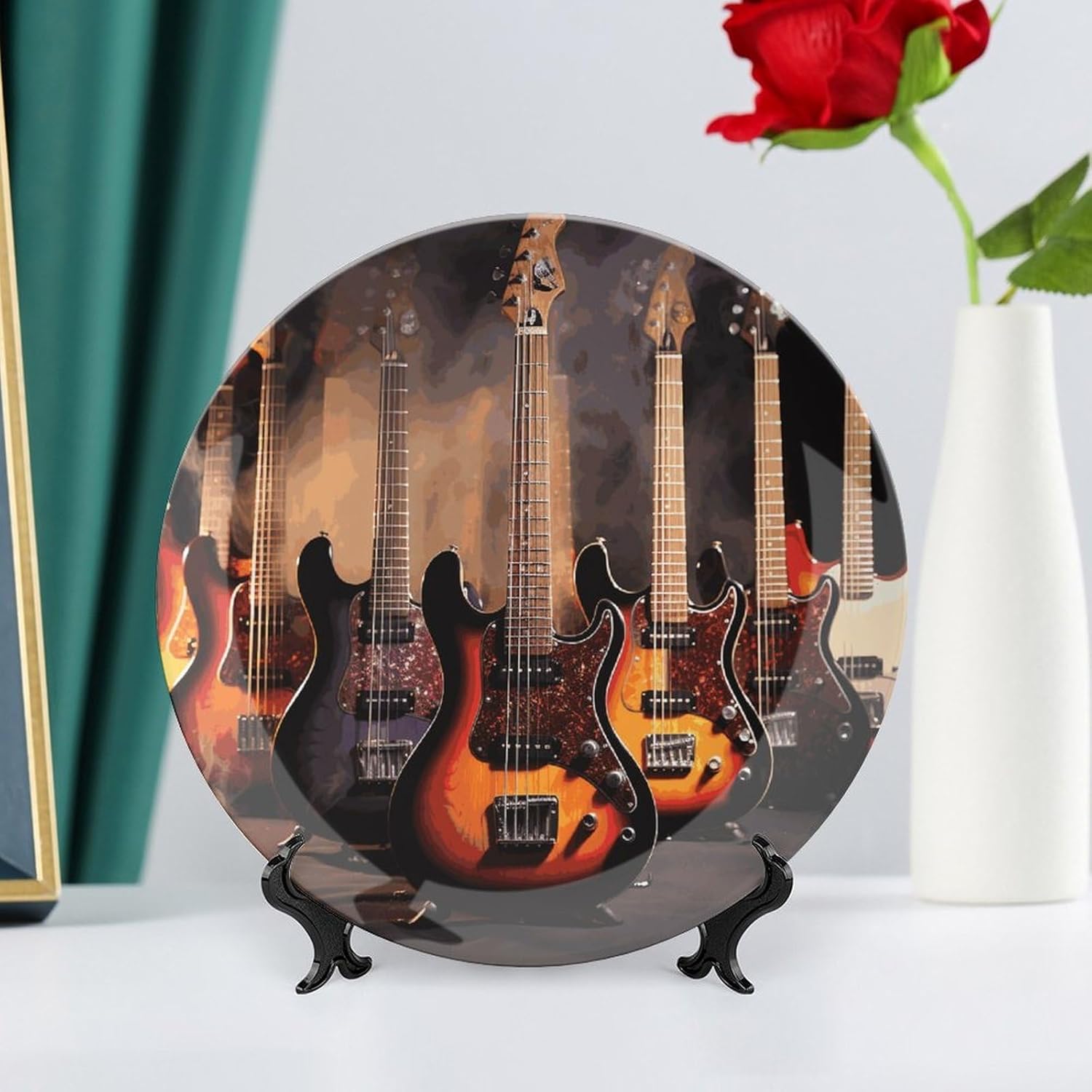 Cool Electric Guitar Ceramic Plate 10inch Decorative Bone China Wall Hanging Ornament Plates Bohemian Style Dinner Plate with Display Stand Cabinet Display Plates for Home Art Decor
