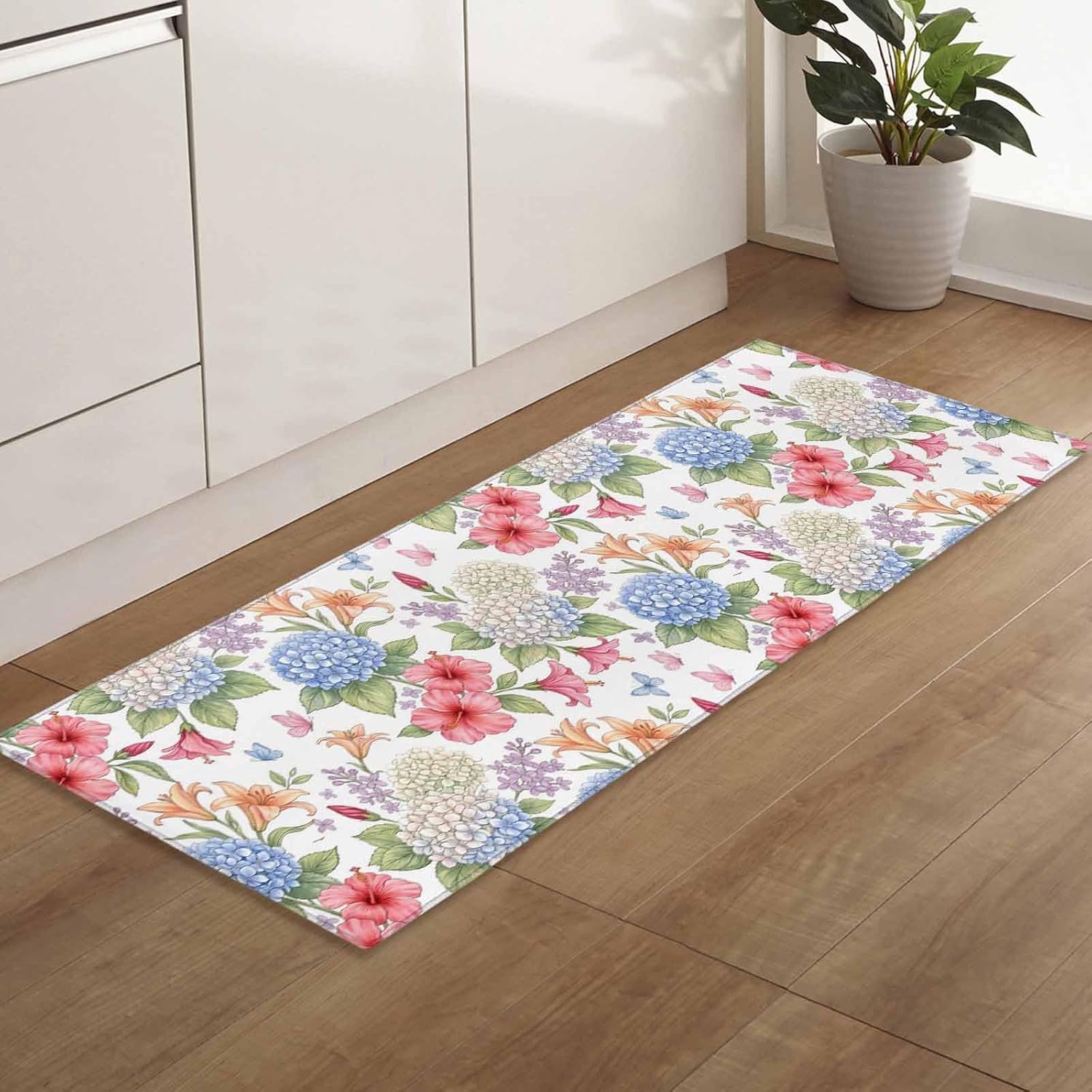 Teamery Kitchen Mats for Floor Farmhouse Hydrangea Lily Flower Washable Non Slip Kitchen Rugs 1PCS, Pastoral Floral Butterfly Absorbent Standing Mats for Sink Bathroom Office Living Room 15.7x47.2in