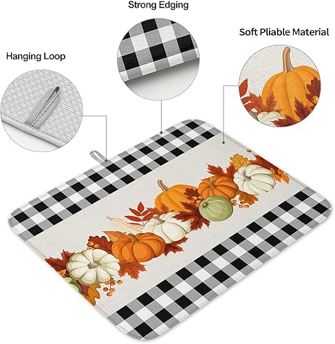 Miniatura 2 de Alfombrillas de secado de platos de calabazas de otoño para encimera de cocina, 2 piezas, búfalo a cuadros negros y blancos absorbentes de