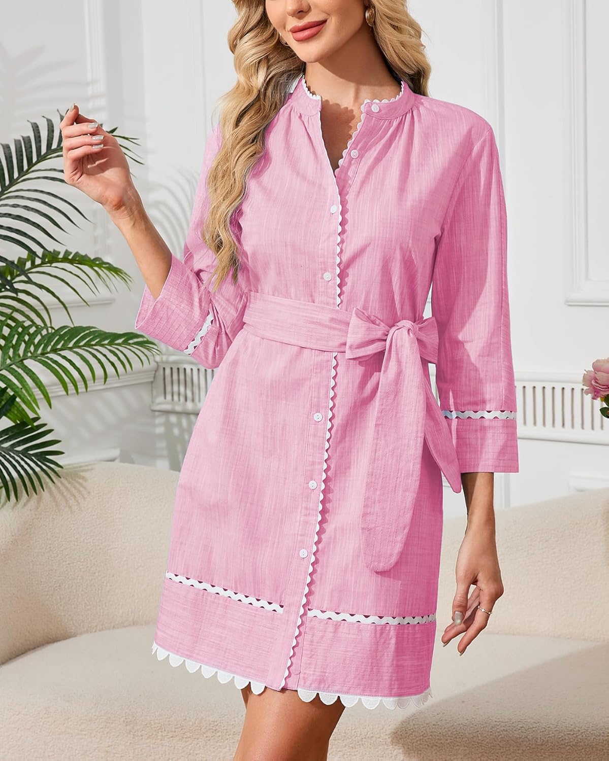 Women's Button Down Shirt Dress Fall 3/4 Sleeve Belted Tunic Casual Cotton Linen RIC Rac Trim Mini Dresses with Pockets - Image 4
