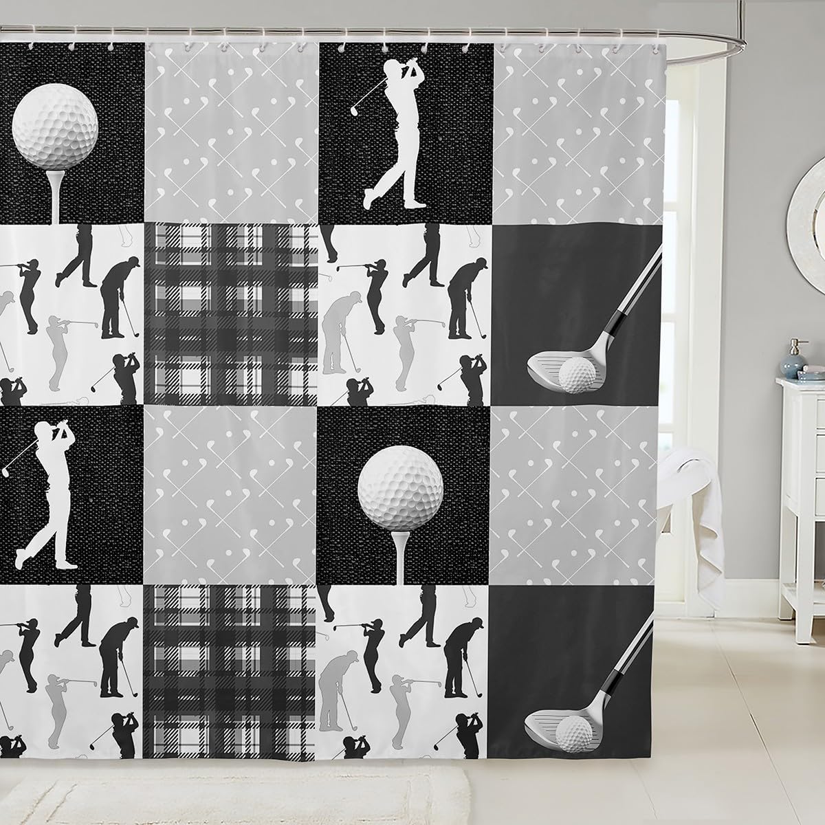 Castle Fairy Golf Sports Shower Curtain Panel,Golf Ball Sports Games Themed Waterproof Fabric Bathroom Curtain,Grey Plaid Grid Buffalo Geometric Teen Adult Home Decor with Hooks, 72Wx78L inch