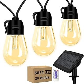 Solar String Lights Outdoor Waterproof, 50FT Outdoor Solar String Lights with 20 LED S14 Bulbs, Patio Lights with USB Charging Port & Remote Control, Solar Lights for Outside