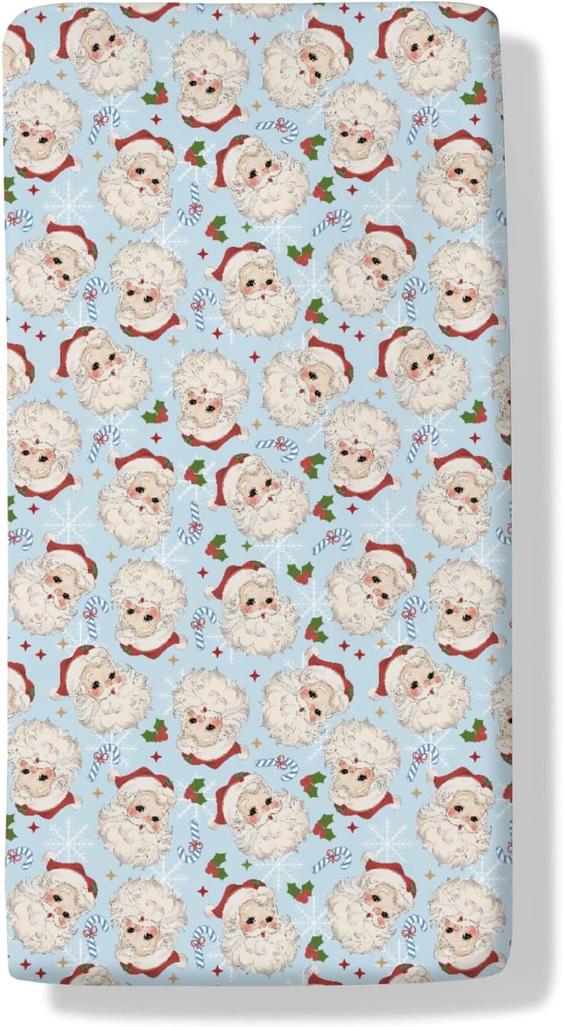 Vintage Santa Christmas Baby Crib Sheets Cute Santa Claus Christmas Candy Cane Holly Snowflakes Baby Sheets Winter Festive Holiday Fitted Crib Mattress Cover for Standard Mattress 28x52in