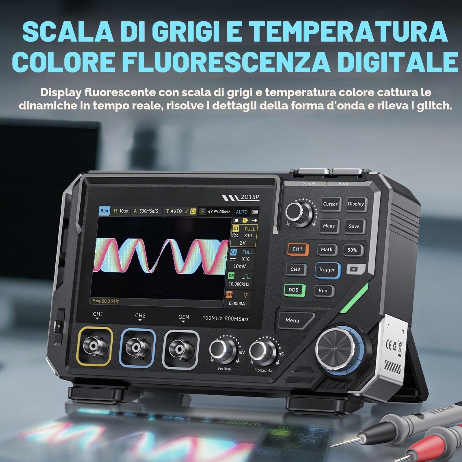 2D15P Oscilloscopio, 100 MHz Digitale Oscilloscopio Multimetro, Oscilloscopio Portatile 2 canali 3 in, 19.999 TRMS, Oscilloscopio Palmare di precisione 500 MSPS, Tester Oscilloscopio con touch screen