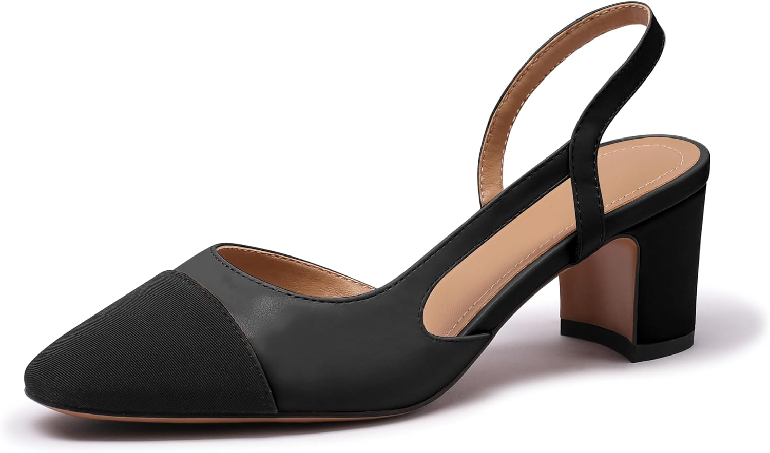 Slingback Heels for Women Nude Sling Back Pumps Two Tone Chunky Heel Shoes Cap Toe Slingbacks Heeled Office Dress Shoes