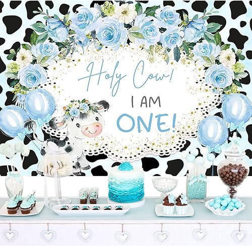 Miniatura 2 de Mocsicka Holy Cow - Telón de fondo con texto en inglés "I'm One", decoración de fondo para fiesta de primer cumpleaños con temática de vaca floral,