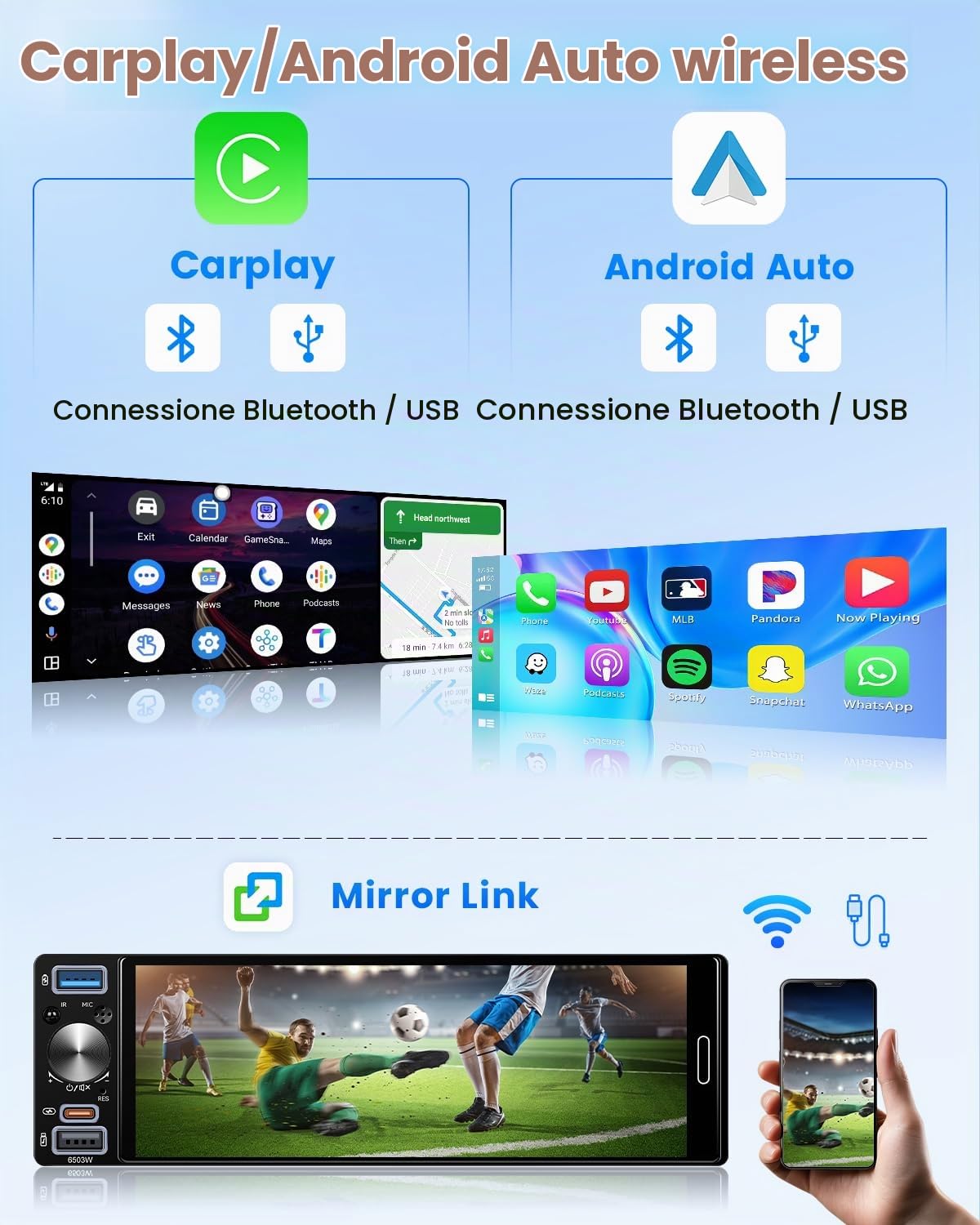 1 DIN AM Android Autoradio Compatibile con Wireless CarPlay Android Auto | 6,5 Pollici Incell Touchscreen Player Radio con RDS FM Bluetooth Ricarica Rapida Mirror Link Telecamera per Veicolo Type-C