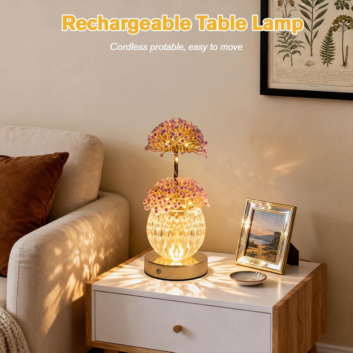 Flower Table Lamp, Cordless LED Gypsophila Night Light, 3 Colors Touch Stepless Dimming Artificial Flower Light, Rechargeable Bedside Lamp Romantic Gifts for Girl Women Mom (Purple-Babysbreath)