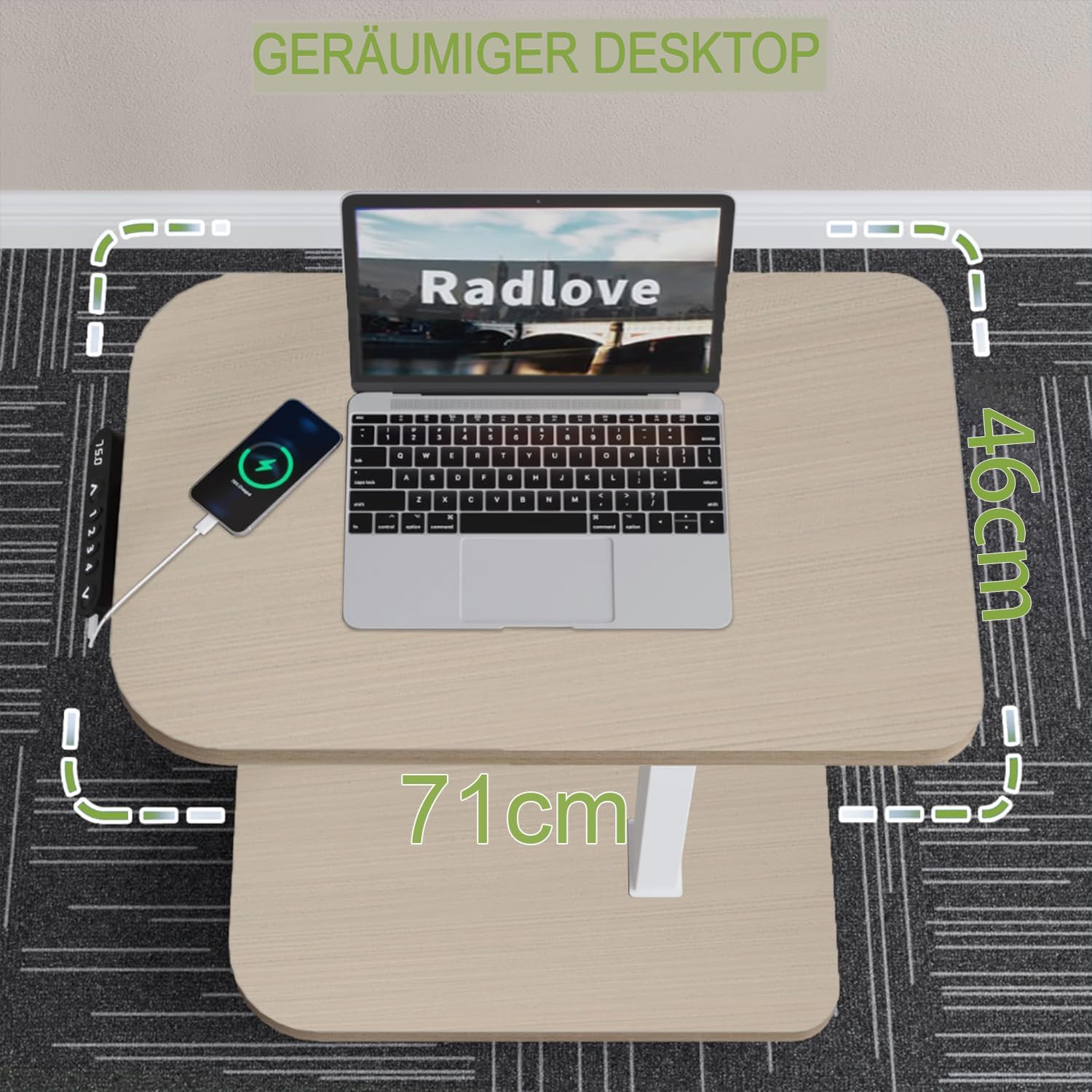 Radlove Escritorio de altura regulable eléctricamente con USB-C y pantalla LED, 71 x 46 cm, escritorio de pie con ruedas, mesa portátil de altura ajustable, aspecto de madera