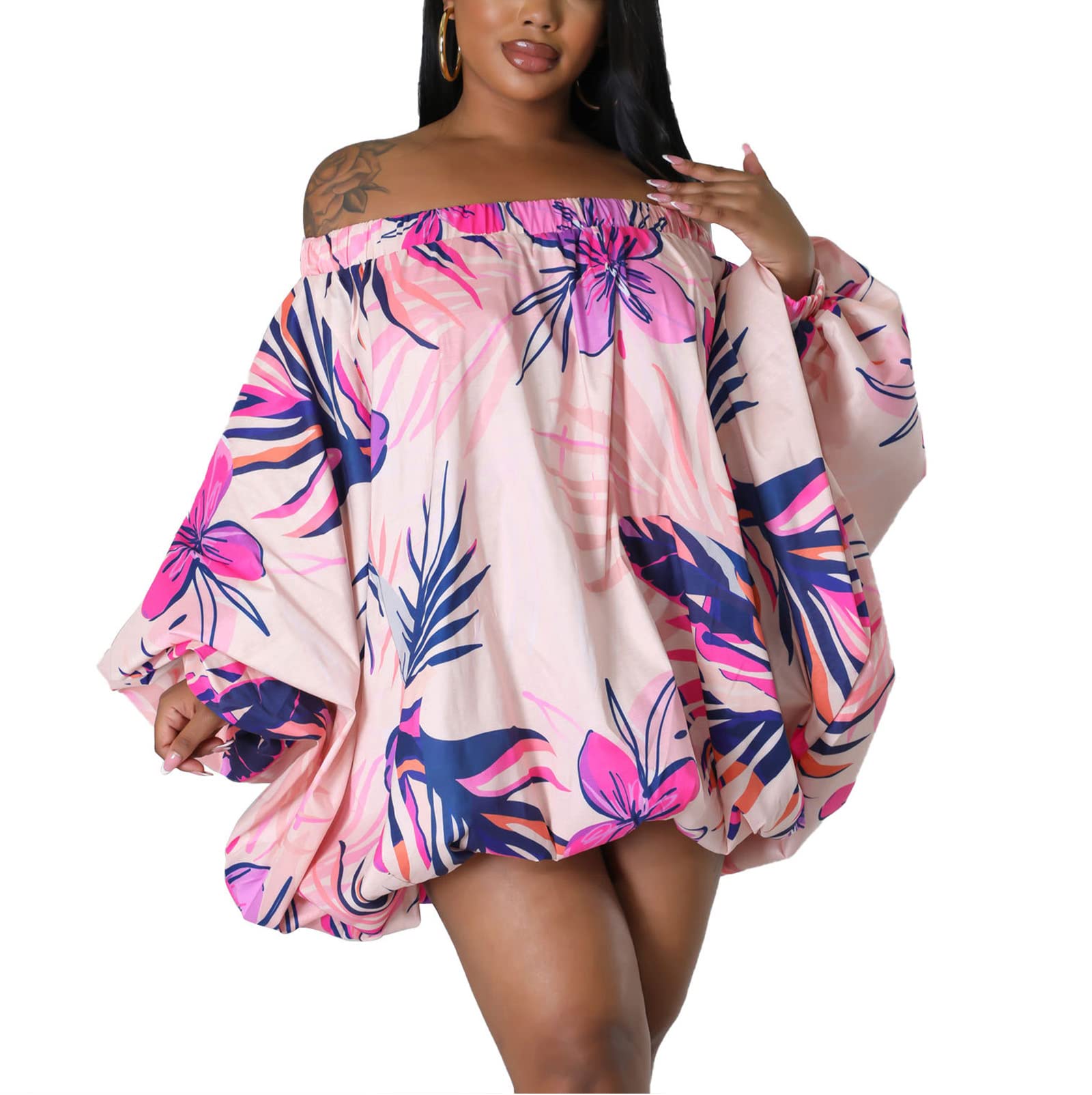 Photo 1 of ** DIFFERENT COLOR**
Tinodu Women's Sexy Long Batwing Sleeve Off Shoulder Mini Dress Floral Printed Bubble Short Shirts Dresses Loose Boho Medium Rose Red1