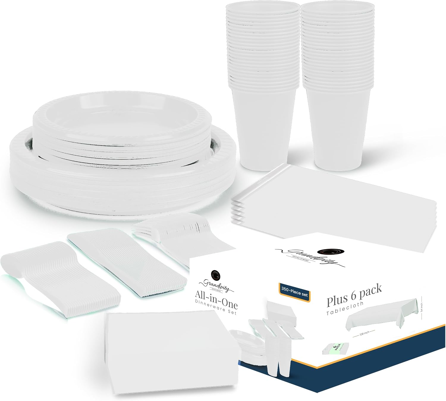 Grandipity 350 Pcs Disposable Dinnerware for 50 Guests with Plates, Cups, Napkins, Cutlery + 6 Pack Rectangle Plastic Tablecloths (54" x 108") – Party, Wedding, Birthday, BBQ – BUNDLE - WHITE