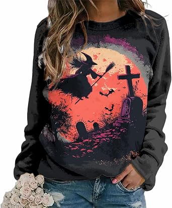 MARSVOVO Halloween Sweatshirt For Women Horror Season Funny Cute Print Graphic Fashion Long Sleeve Fall Tops For Women