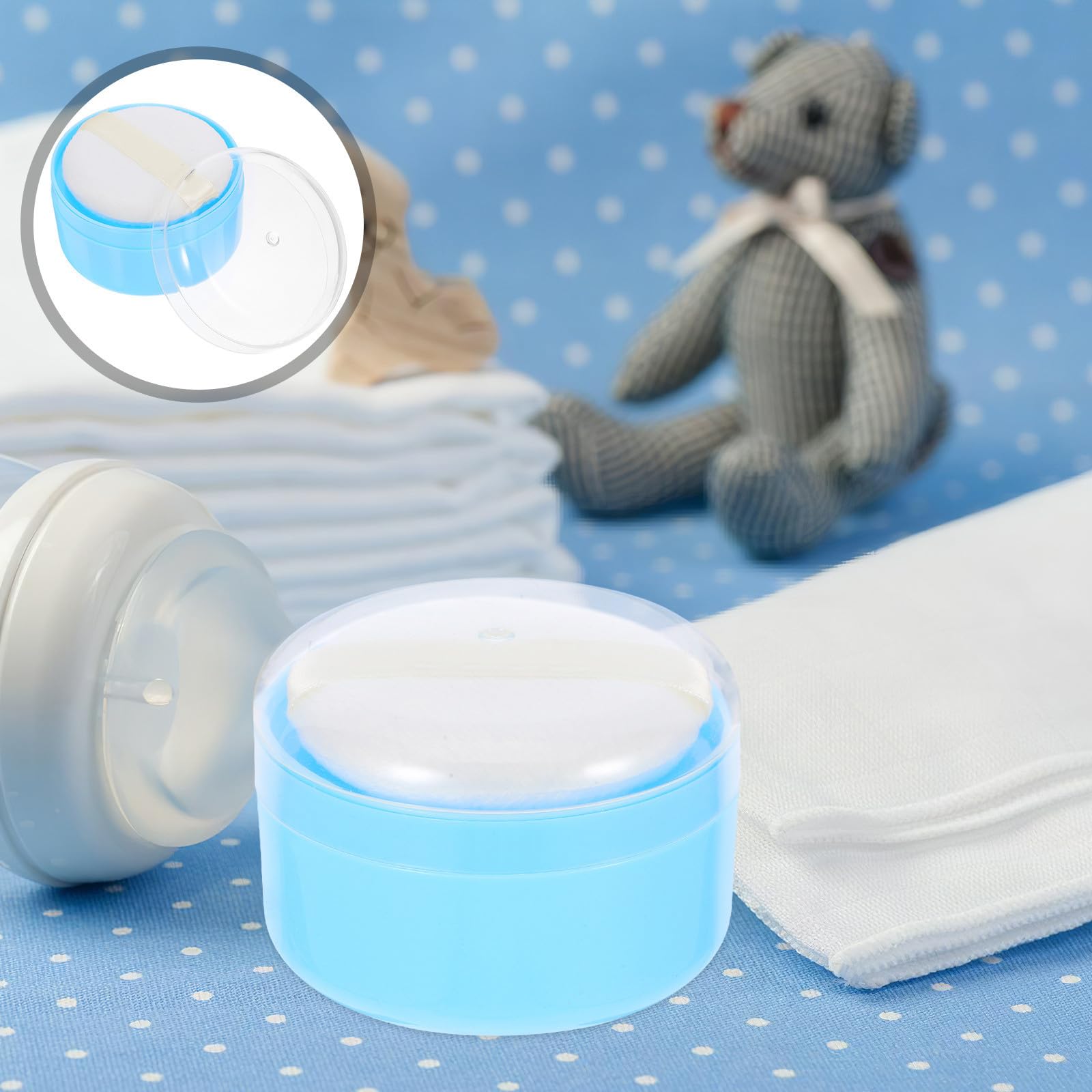 POPETPOP Tragbare Babypuderdose mit Puderquasten Etui aus Kunststoff und Baumwolle Einfache Einhandbedienung für Babykörper für Täglichen Gebrauch zu Hause