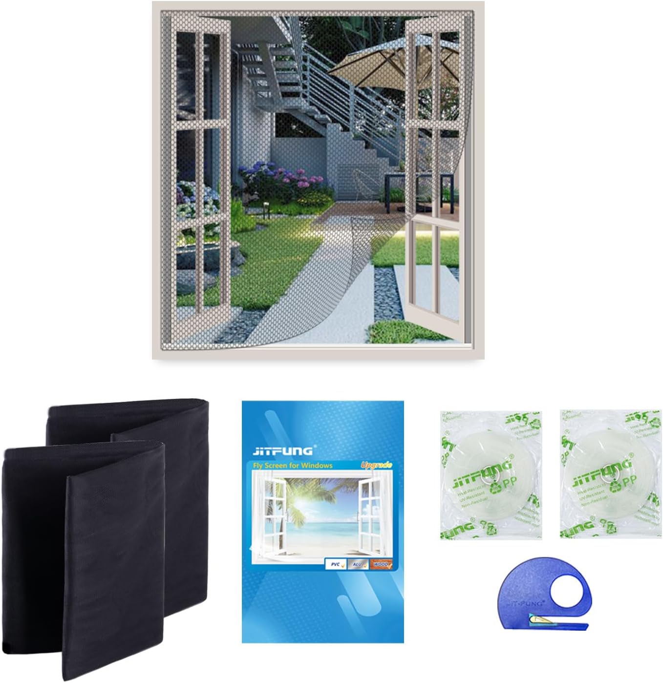 DIY Fly Screen for Windows, 2 Packs of Mosquito Net Insect Mesh 130x155CM with 2 Rolls [UPGARDE] Self-Adhesive Tapes & Cutter, Black (Honeycomb, Set of 2)