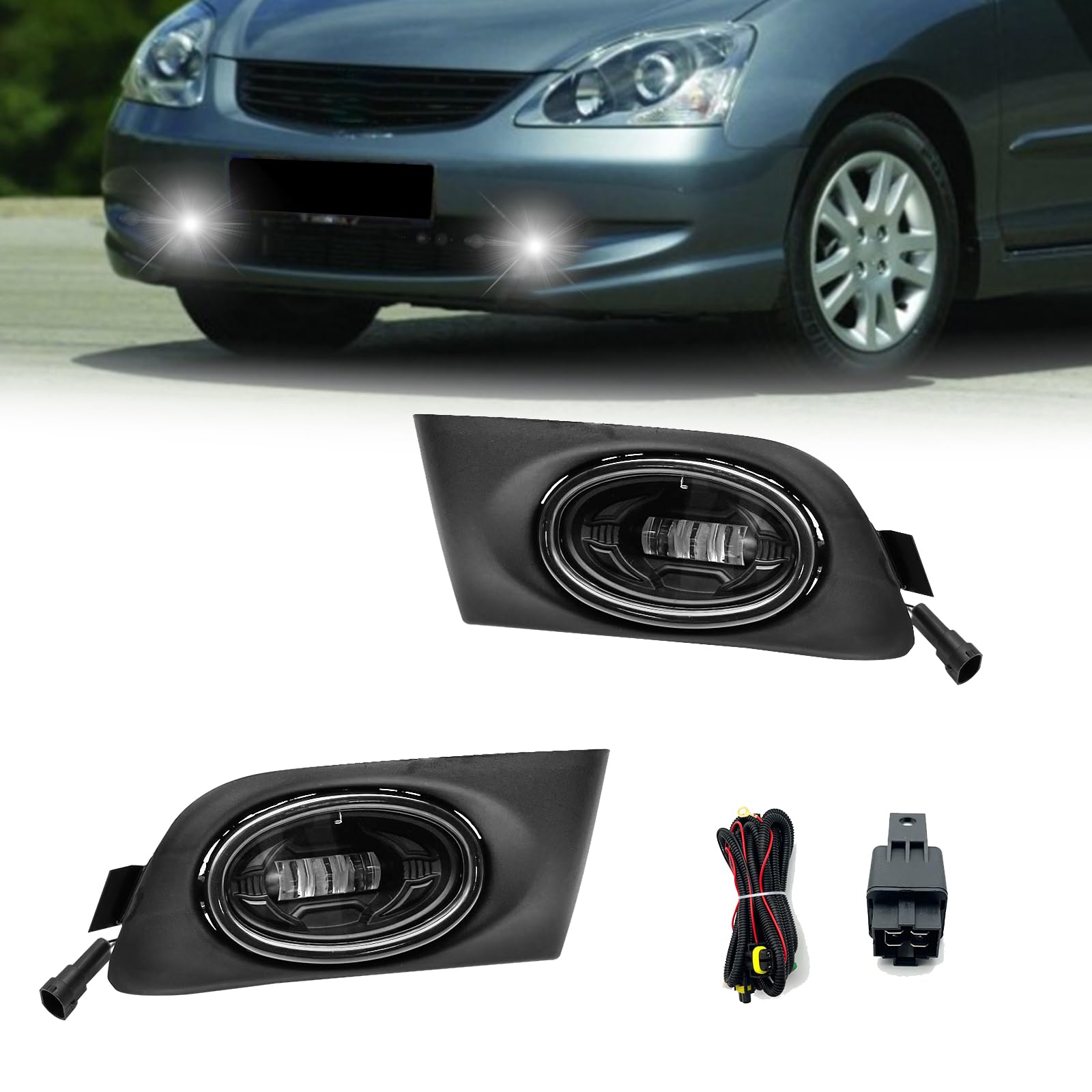 LED Fog Lights Compatible with 01-03 2001 2002 2003 Civic 2DR/4DR Front Bumper Fog lights with Switch and Wiring Harness- 1 Pair
