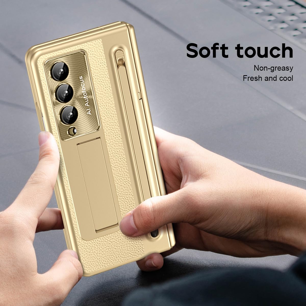 Asuwish Schutzhülle für Samsung Galaxy Z Fold 4 5G 2022, mit S-Stifthalter und integriertem Displayschutz, Ständer, Scharnierschutz, Leder, ZFold4, ZFold4, 4Z, ZFold45G, für Damen und Herren, Gold