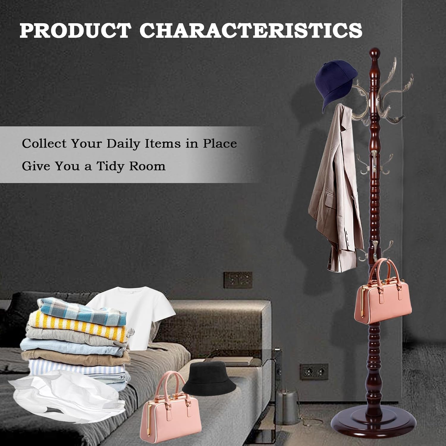 Coat Racks FreeStanding with 14 Hooks, Natural Wood Coat Rack with Solid Round Base, Adjustable Height Coat Racks, Easy Assembly for Hallway, Bedroom and Office (Reddish Brown-Metal Hook)