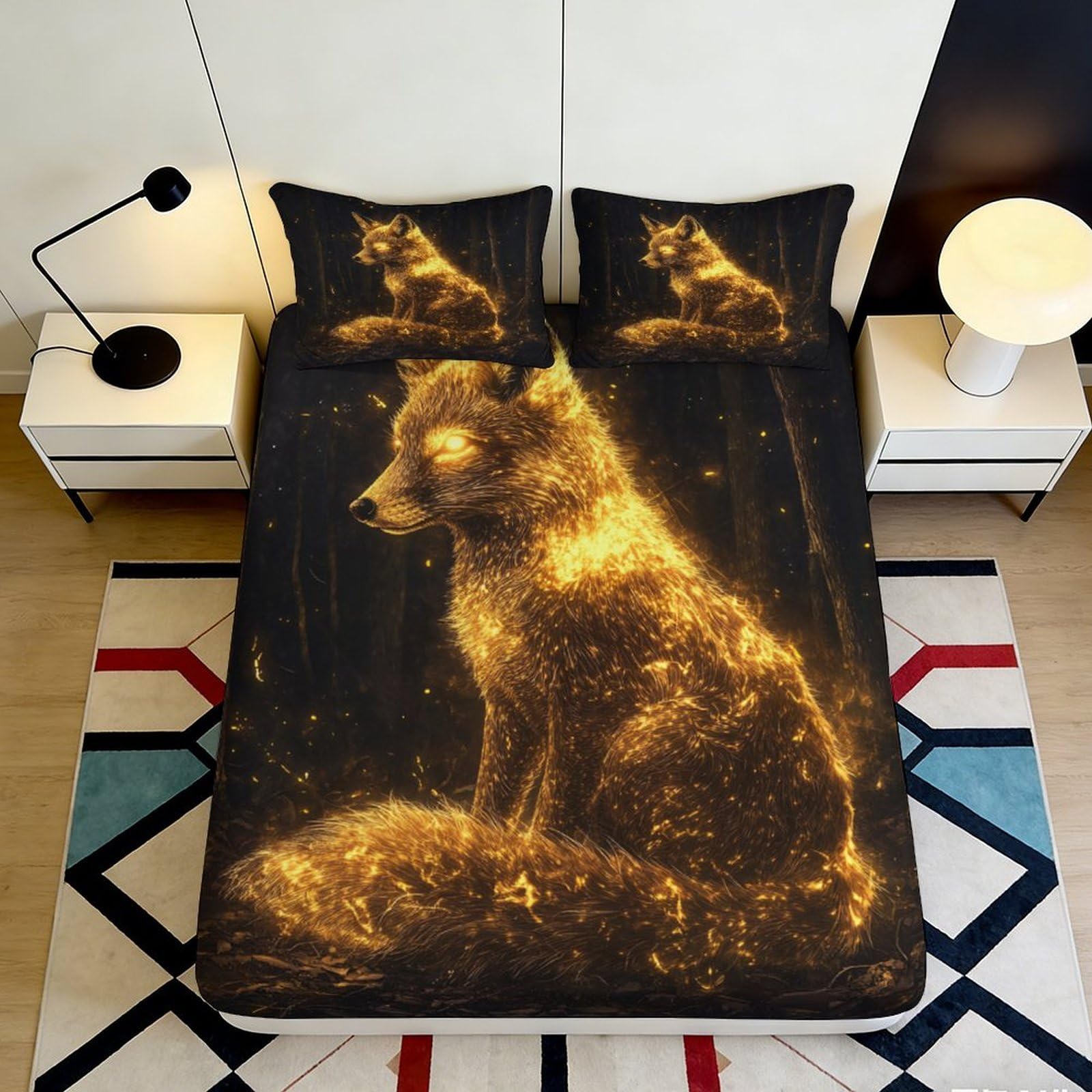 3D Printed Golden Wolf Fitted Sheet Microfiber Non Slip Bed Cover for Bedroom Dorm Artistic Mattress Protector 90x200x25cm