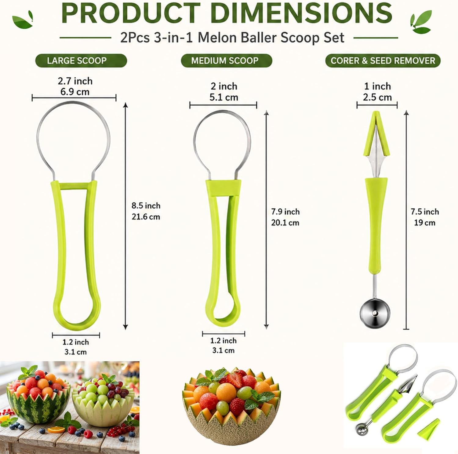 2Pcs 3-in-1 Melon Baller Scoop Set, Stainless Steel Fruit Scooper Tool