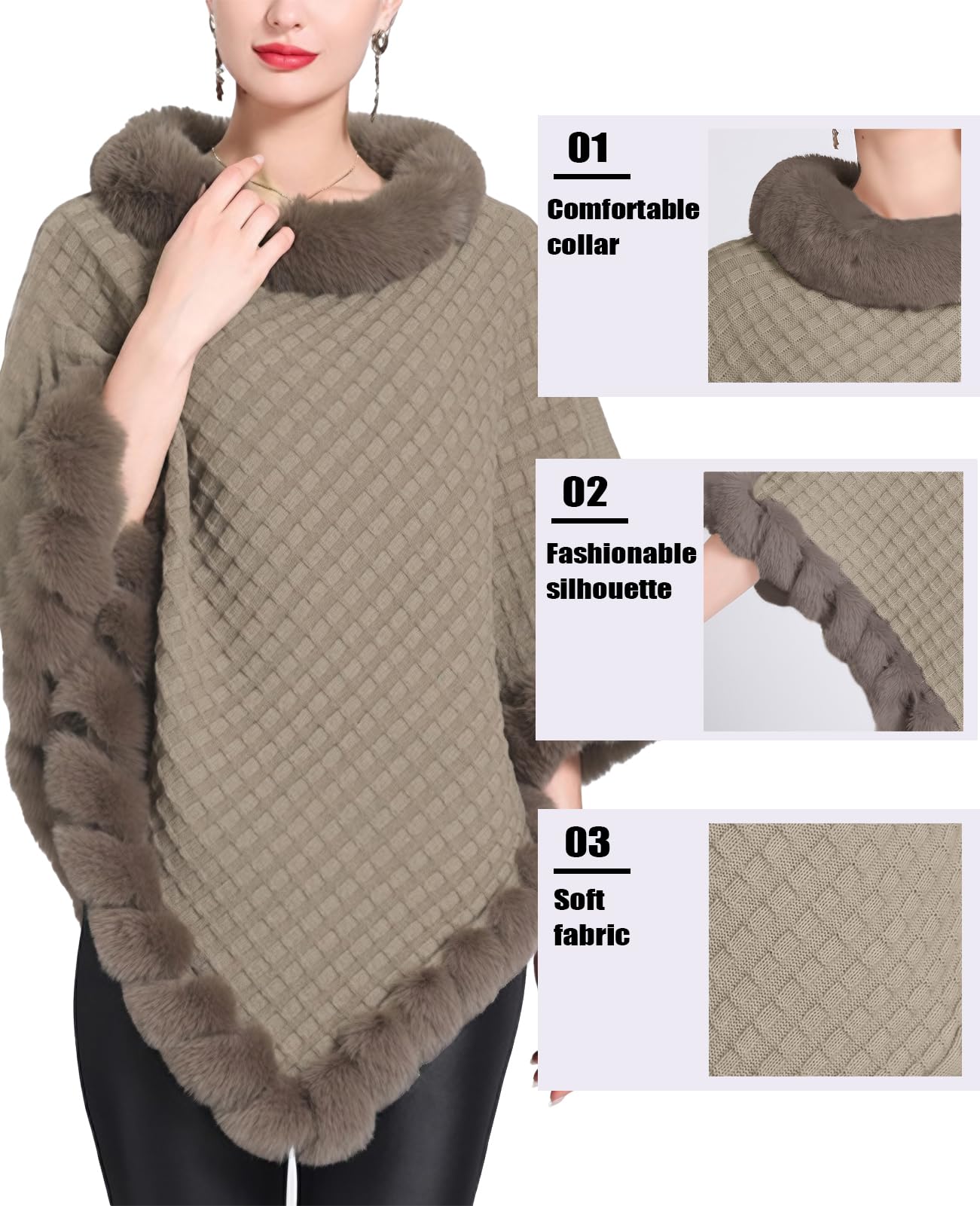 JFAN Ponchos Mujer Capas de Punto Invierno Cálido Elegante Chal con Cuello Redondo Capa de Piel Sintética Térmica para Otoño e Invierno