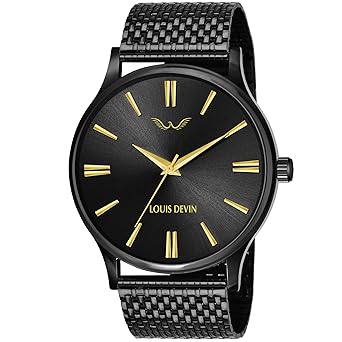 Louis Devin LD-BK047-GLDBLK Black Metal Chain Analog Wrist Watch for Men