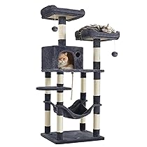 Feandrea Albero per Gatti Alto 143 cm, Tiragraffi per Gatti, con 11 Pali Graffiatoi, 2 Posatoi, 1 Grotta, 1 Amaca, 2 Pompon, in Peluche a Più Livelli, Grigio Fumo PCT15GYZV1