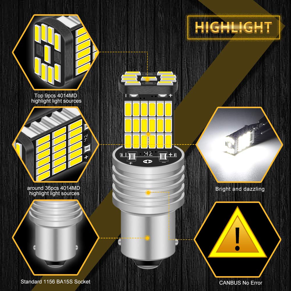 KATUR 2szt Biała 850LM 1156 P21W BA15S 4014 45SMD Lampa Dekoder Canbus do świateł cofania z rezystorem LED, światła kierunkowskazów