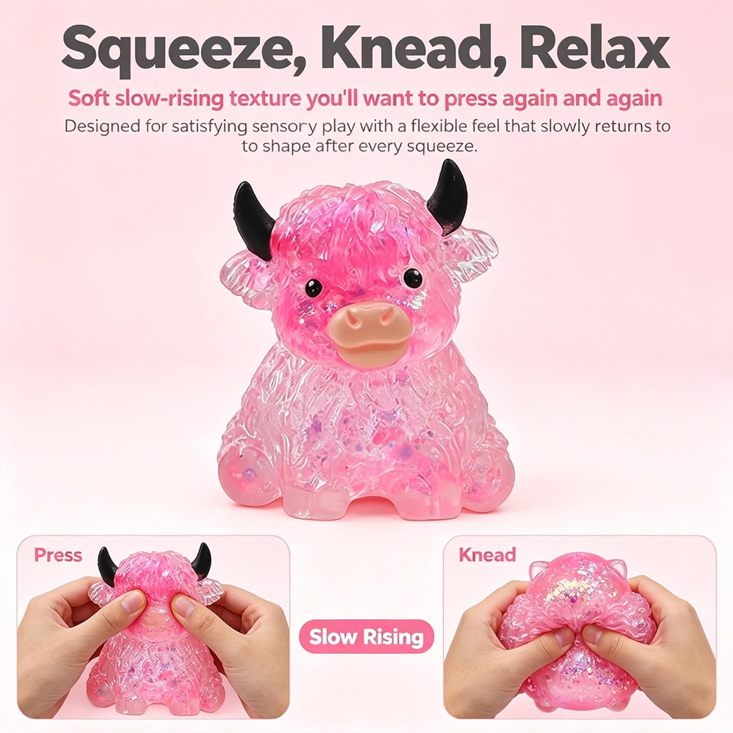 Glitter Highland Cow & Capybara Squishy, Squishies Fidget Toy, Soft Slow Rising Stress Relief Ball, Cute Sensory Squeeze Toy, Anxiety Relief Desk Decor for Adults Kids Cow & Capybara Lovers(4PCS Mix)