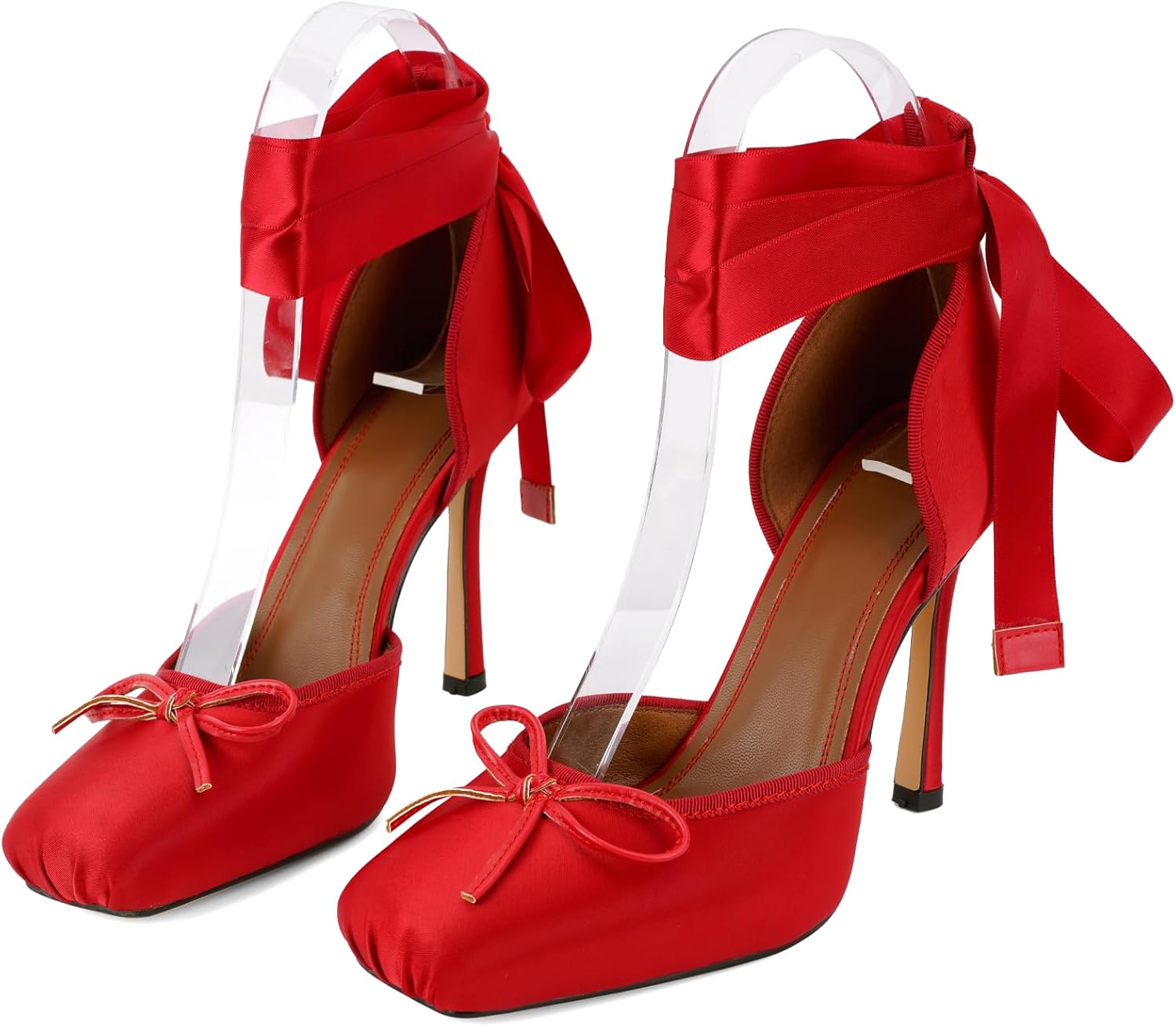 Women's Ballet Heels, Satin Ballerina High Heels with Ribbon Lace-Up, Square Toe Mary Jane Stiletto Heels for Party, Wedding & Formal Dress - Image 8