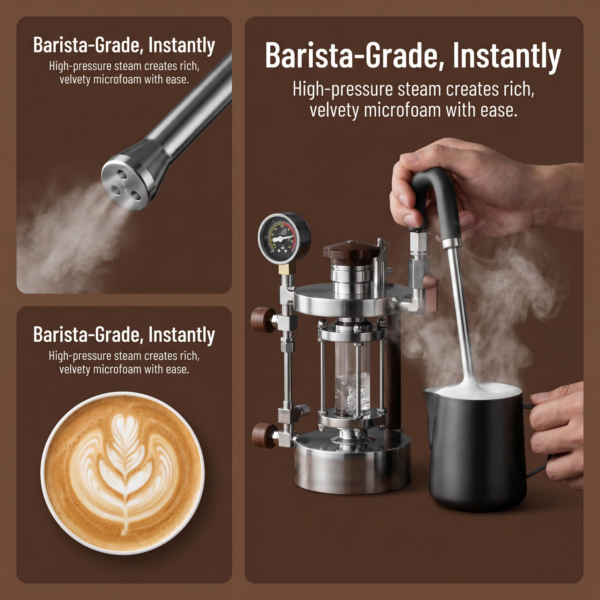 Maszyna do spieniania mleka parowego do kawy, regulowany wąż i manometr, wiele trybów ogrzewania, idealna do latte art, cappuccino