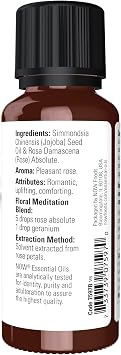 NOW Essential Oils, Rose Absolute, 5% Blend of Pure Rose Absolute Oil in Pure Jojoba Oil, Romantic Aromatherapy Scent, Vegan, Child Resistant Cap, 1-Ounce