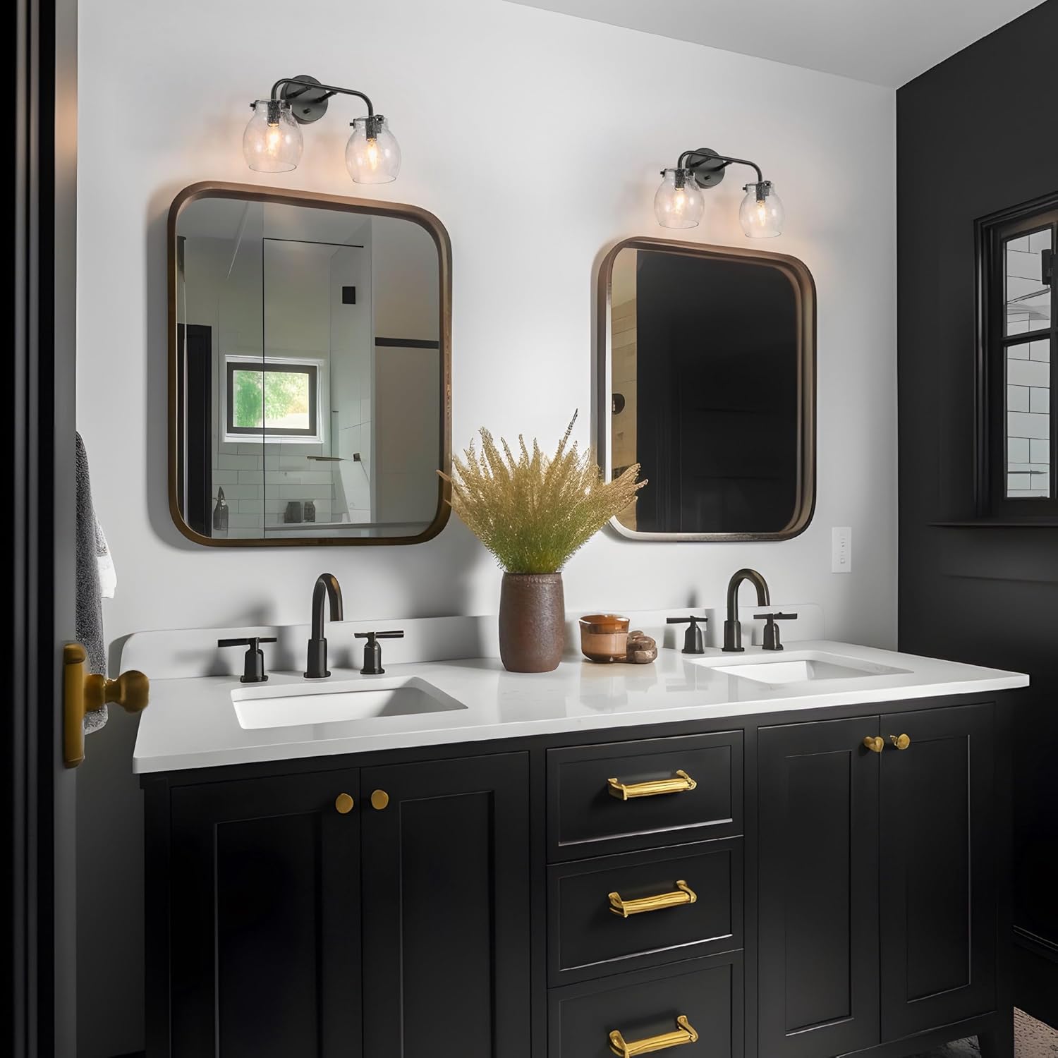 KSANA Black Bathroom Light Fixtures, 2 Light Matte Black Vanity Lights for Bathroom with Seeded Glass Globe, 14" Modern Farmhouse Bathroom Lights Over Mirror