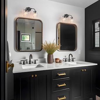 KSANA Black Bathroom Light Fixtures, 2 Light Matte Black Vanity Lights for Bathroom with Seeded Glass Globe, 14 Modern Farmhouse Bathroom Lights Over Mirror