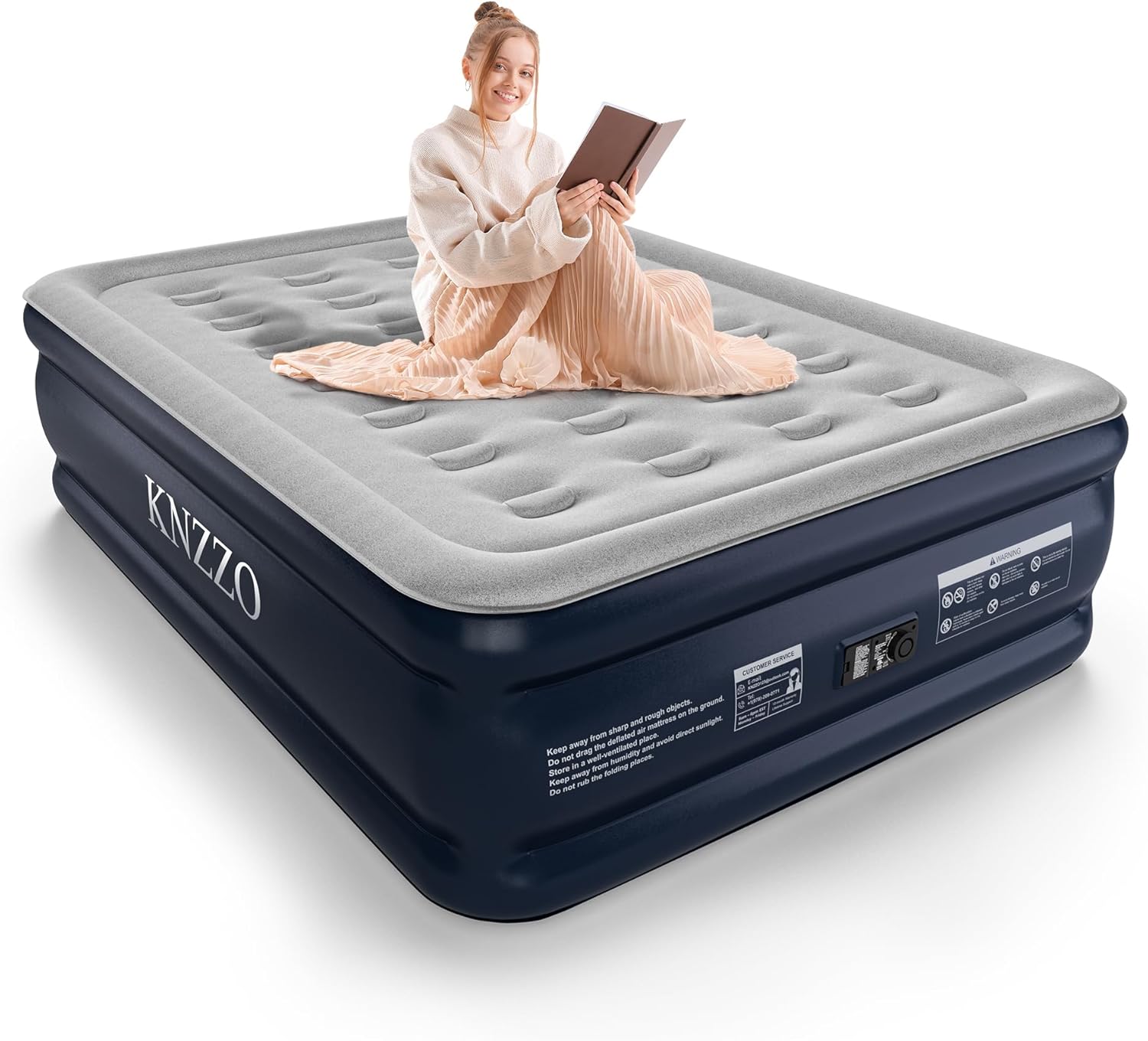 factory sealed Full Air Mattress with Built-in Pump, 18" Top Inflatable Mattress with Waterproof Flocking Fabric, Three-Minute Quick-Inflatable Bed. Portable Blow Up Mattress for Home, Outdoor and Guests Blue Full 18 Inch