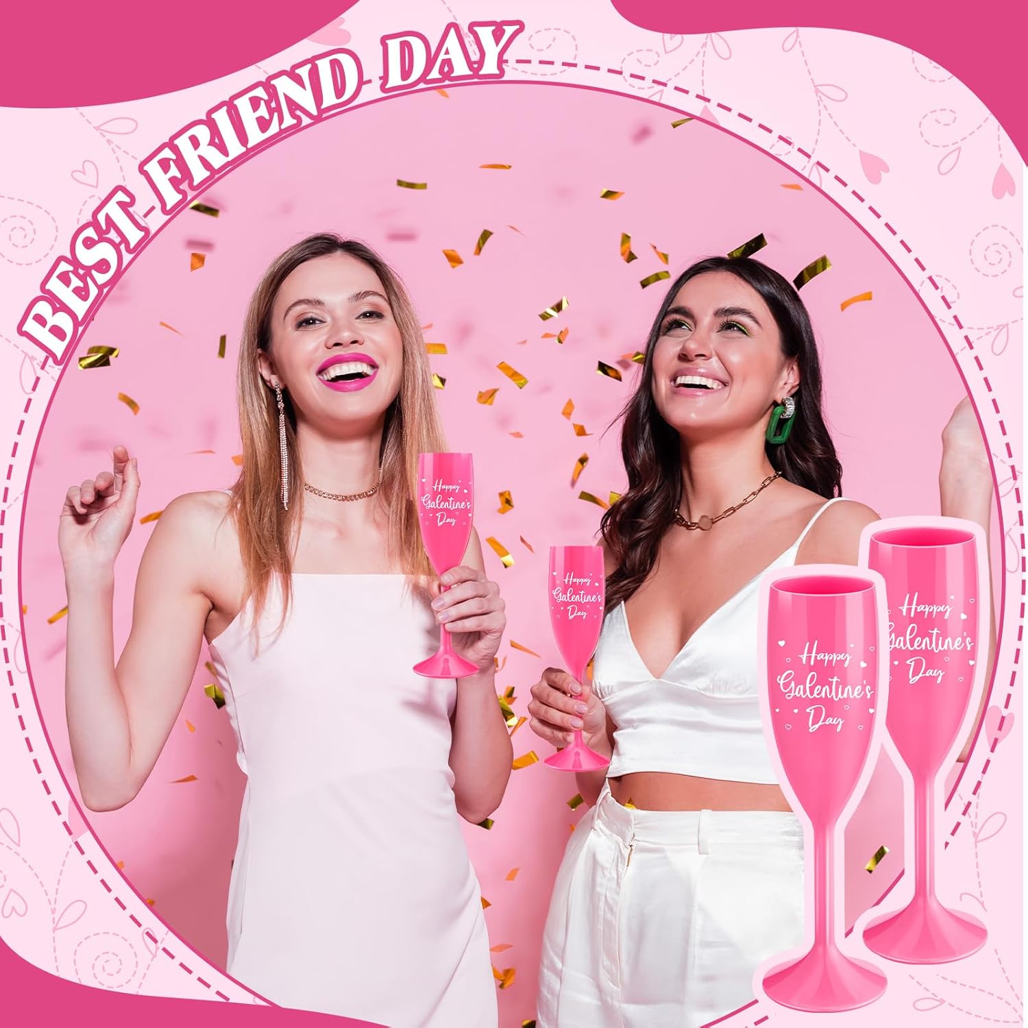 Qinyoung 6 Pcs Galentine's Day Champagne Flute 16oz Happy Galentine's Day Cups Reusable Plastic Unbreakable Champagne Goblet for Girls Ladies Galentines Decoration Valentine Party Supplies Decor