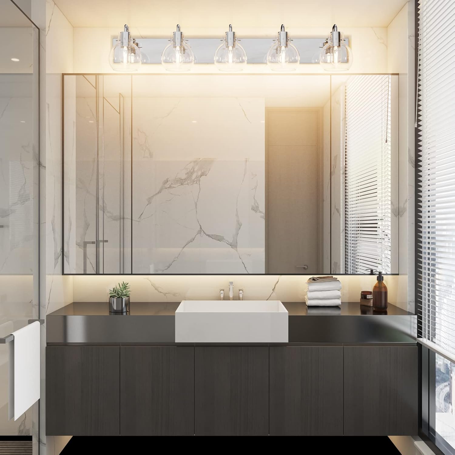 Tipace 5 Lights Stainless Steel Modern Bathroom Vanity Light Fixtures Over Mirror Chrome Industrial Vanity Lights with Globe Clear Glass Farmhouse Bath Lighting(Exclude Bulb)