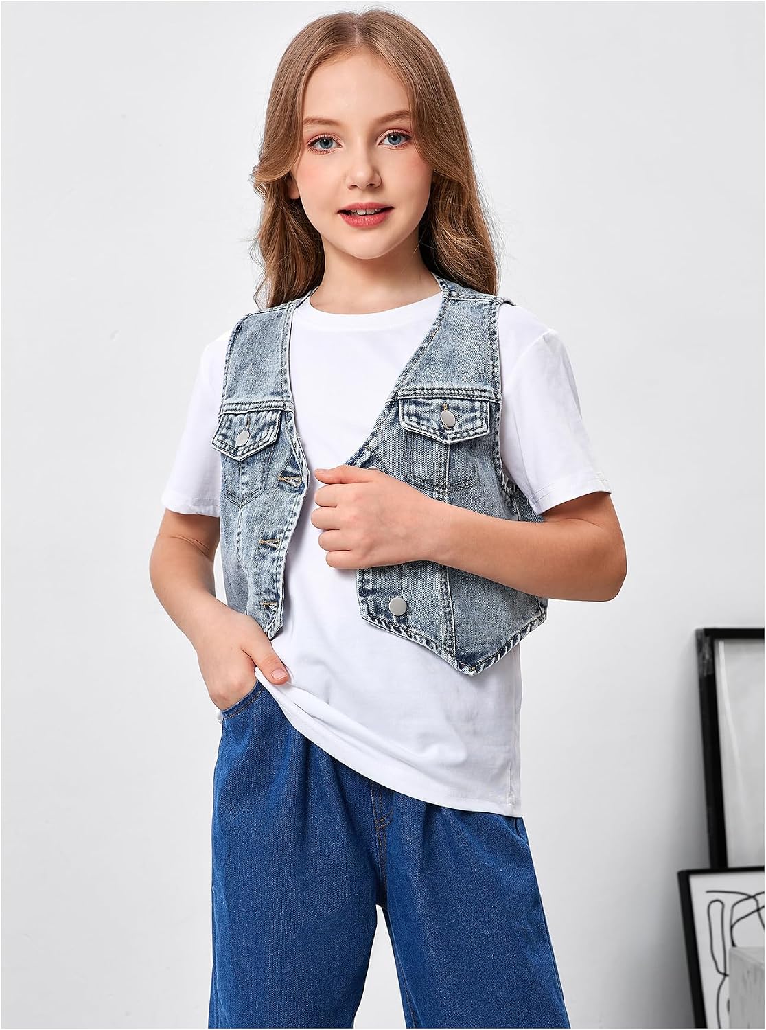 GORGLITTER Girl's Denim Jean Jacket Vest Cute Summer Button Down Flap Pocket V Neck Western Outfits
