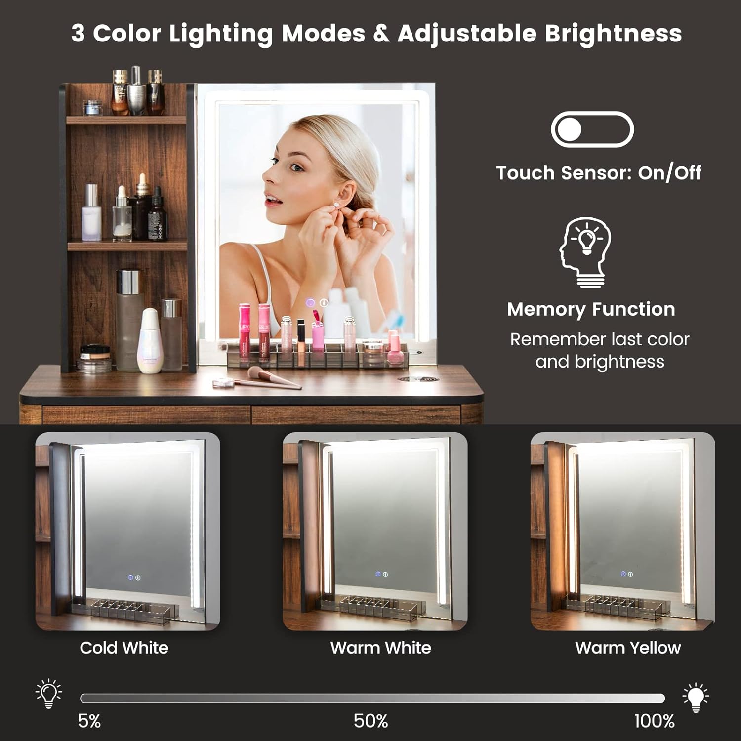 GOFLAME Vanity Table Set with 3-Color Touch Screen Dimming Mirror, Modern Makeup Table Set with Human Body Induction, 3-in-1 Charging Station, Drawers, Dressing Desk and Cushioned Stool Set, Brown