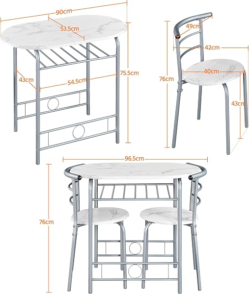 Yaheetech 3 Piece Modern Dining Table Set, Kitchen Table and Chairs Set for 2, Space Saving Table Set, Breakfast Nook Table Set with Steel Legs and Storage Rack for Kitchen/Small Space, White - 3