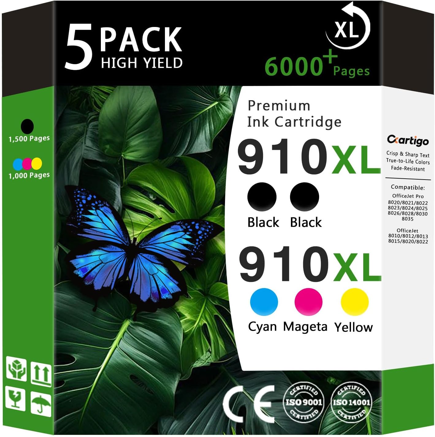910XL High Yield Ink Cartridges Combo Pack Compatible for HP 910XL HP910 HP910XL Replacement for Office Jet Pro 8020 8025 8028 8010 OfficeJet 8015 8022 Printers (Black/Cyan/Magenta/Yellow 5-Pack)