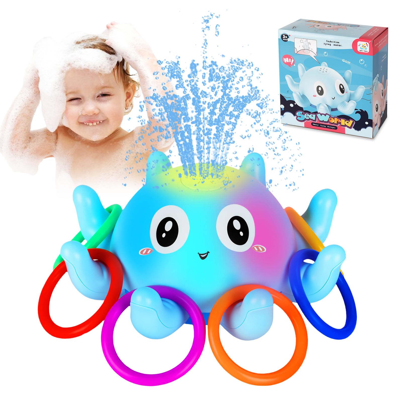 TAVADA Juguetes Bano Bebe,Juguete de Baño de Pulpo con Luz y 11 Anillos,Pulpo Flotante Inducción Agua Spray,Juguete Acuático Interactivos y Sensoriales,Juguete de Piscina Regalos para Bebe 1 2 3 Años