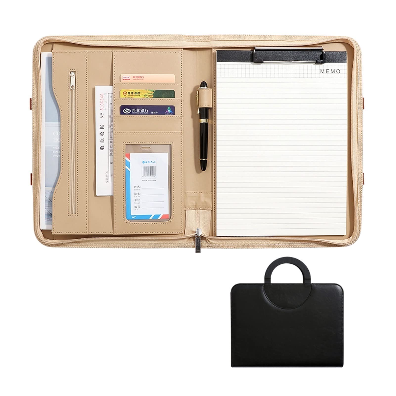 Schreibmappe A4 Klemmbrettmappe Portfolio mit Reißverschluss, Schreibmappe, Business-Case, Organizer für Damen und Herren mit Griff, Notizblock, Lebenslauf und Dokumente