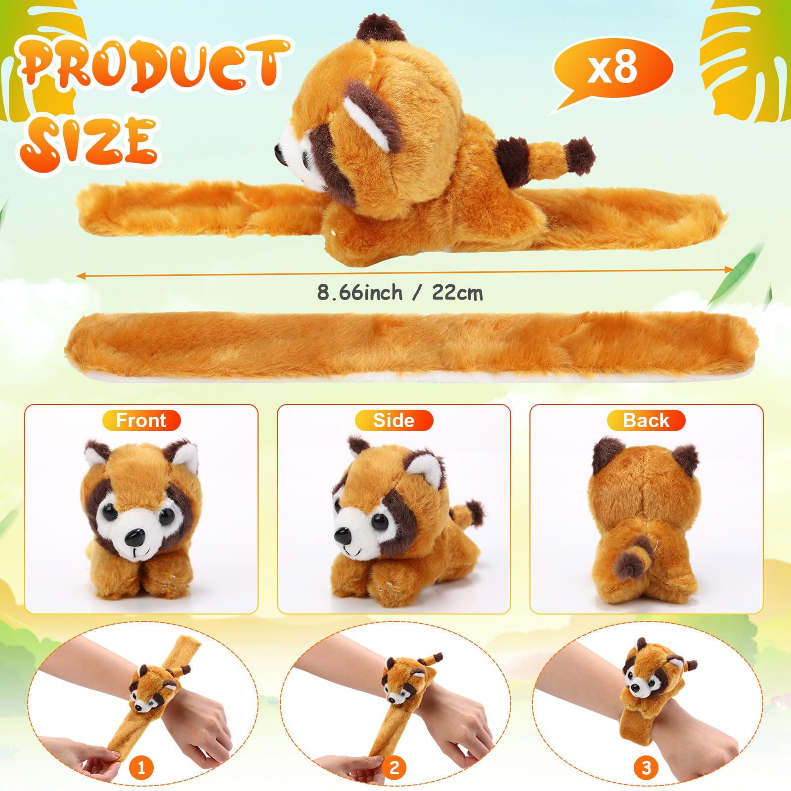 Lenwen 8 Pcs Red Panda Stuffed Animals Slap Bracelets for Kids Plush Animal Cute Wrist Slap Bands for Birthday Party Favors Boys Girls Gifts
