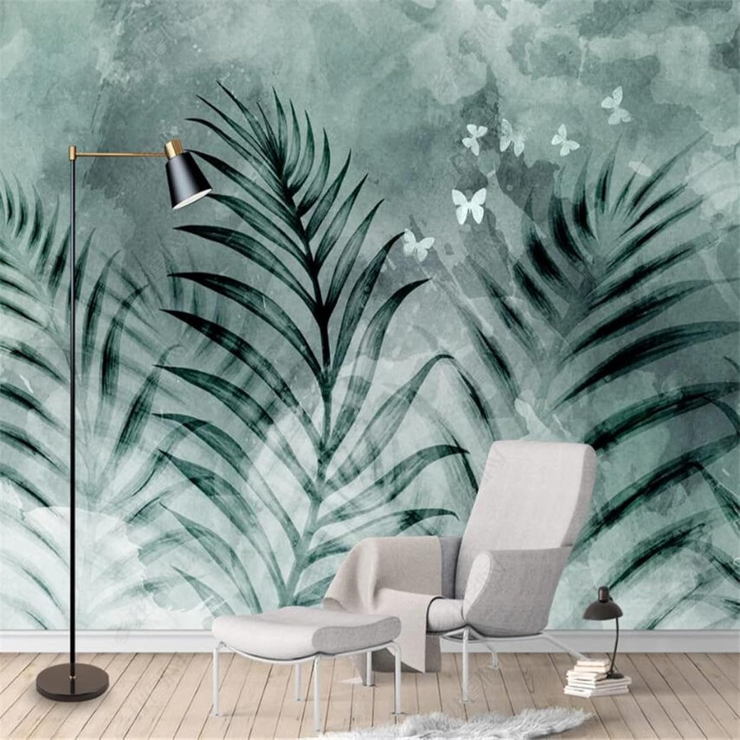 Papier peint 3D papillon vert botanique pour habiller un mur de salon ou meuble TV