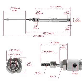Heschen Stainless Steel Slim Air Pneumatic Cylinder, CDJ2B 10-60, M5 Port, 10mm Bore, 60mm Stroke, Double Acting Single Rod