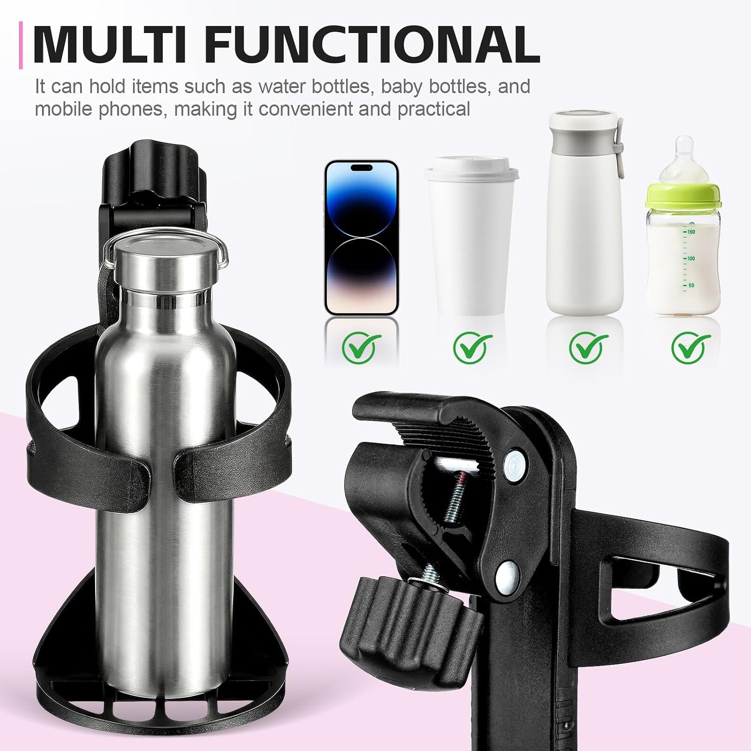 MAGICLULU Universal Walker and Wheelchair Cup Holder, Detachable Professional Milk Bottle Rack for Strollers, Bikes, and Rollators, Outdoor Compact Drinks Holder Accessory for Mobility Aids