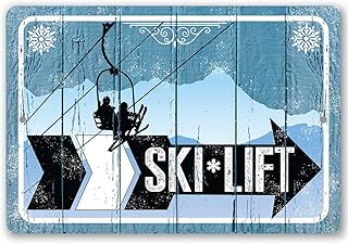 Ski Lift Directional Sign (Right) - Ski Tin Sign - Great for Mountain Cabin Ski Lodge, Winter Sports Decorations, Classic Gift for Skiers, 8x12 Indoors/Outdoors Durable Rustic Vintage Metal Sign