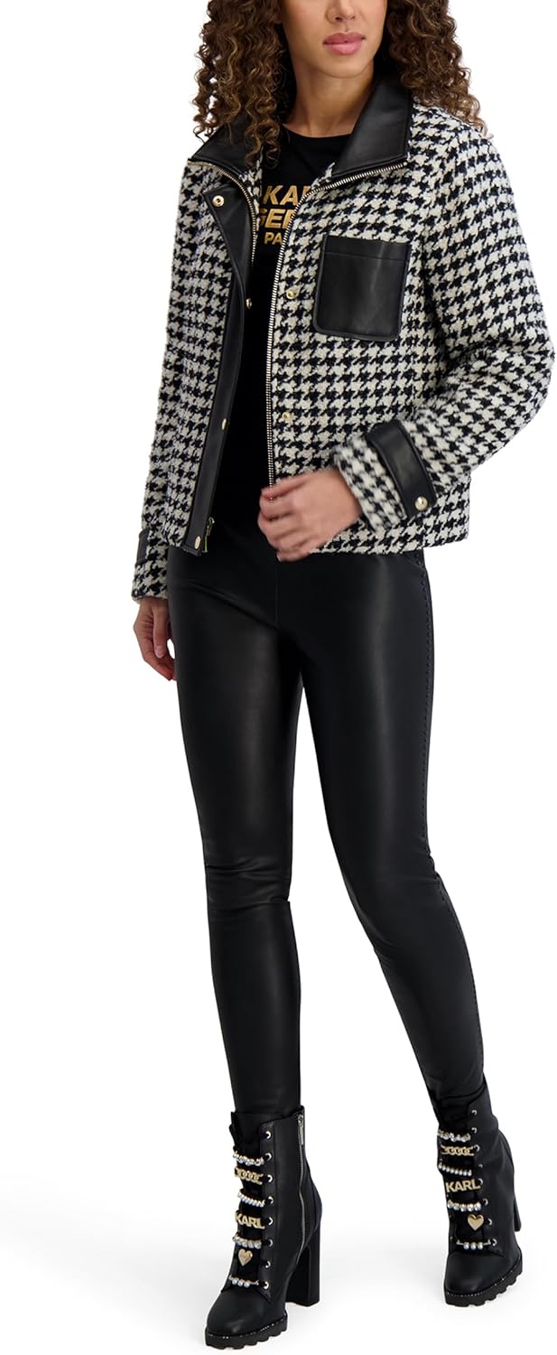 KARL LAGERFELD Women's Houndstooth Short Jacket With Faux Leather Trim - Image 3